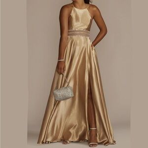 Jules & Cleo Gold Halter Prom Dress Gown with Pockets size 12